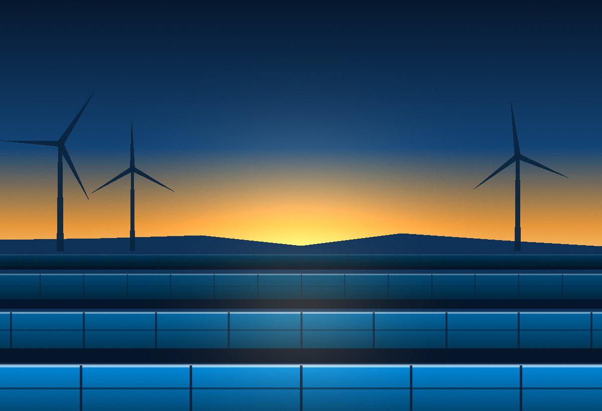 A solar array and wind turbines working together